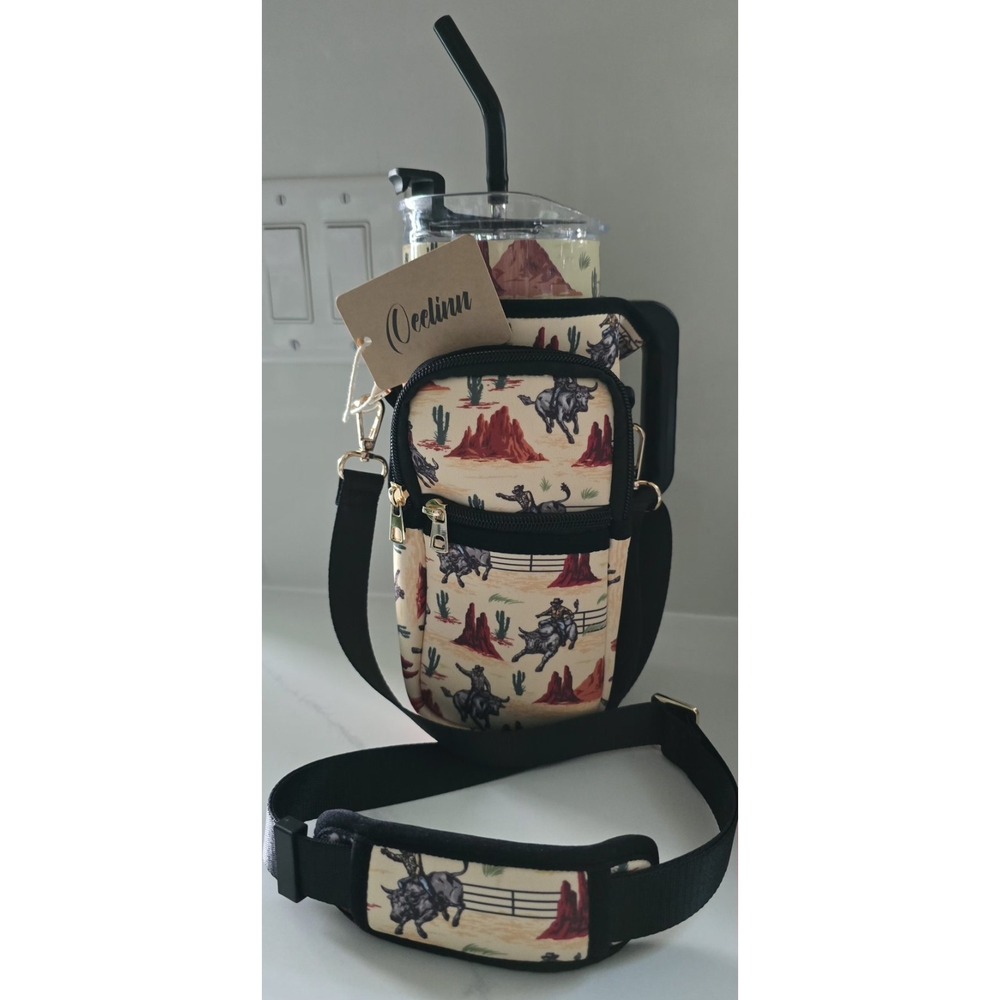 Oeelinn Bull Rodeo Stainless 40 Oz Tumbler Crossbody Carrier‎ Western Cowboy New